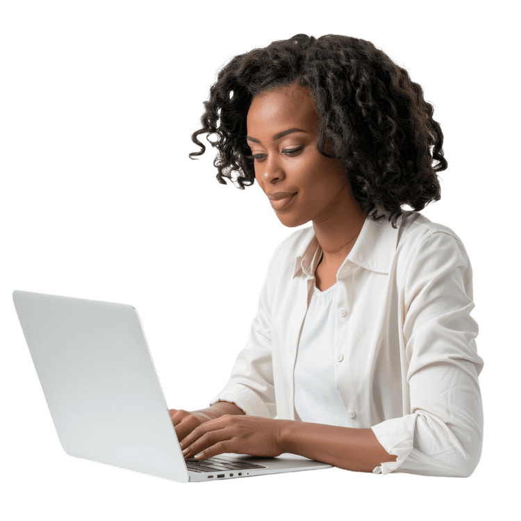 Dark skinned woman with white button-up shirt typing on computer