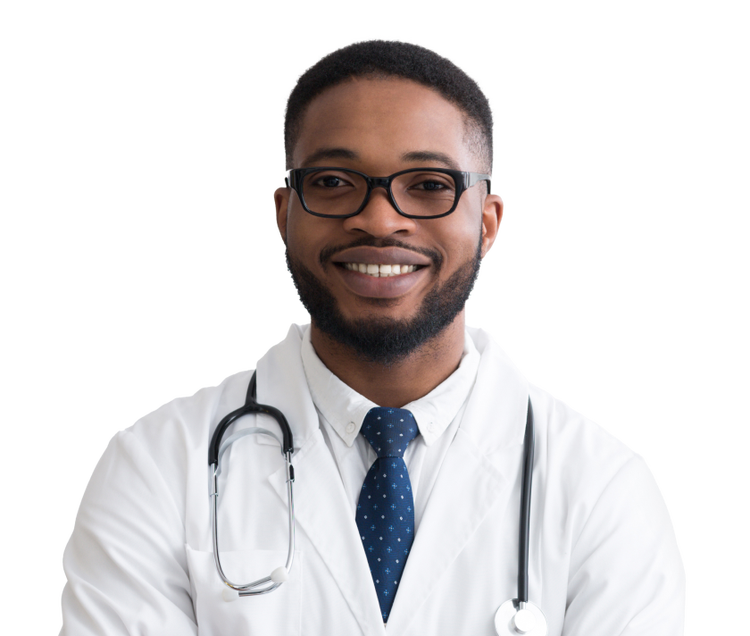 Dark skinned male doctor in white lab coat with stethescope