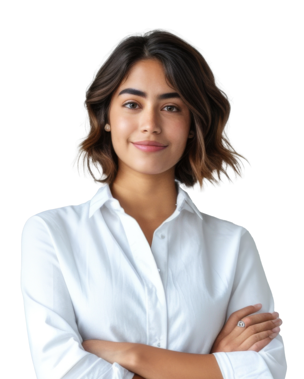 Medium skinned woman wearing white button-up shirt smiling with arms crossed